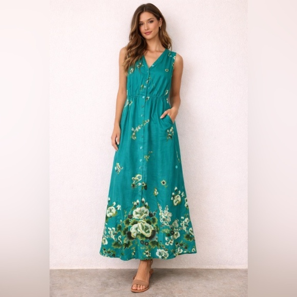 Together Vintage 90’ Blue Green Halter Sundress Maxi Size 10